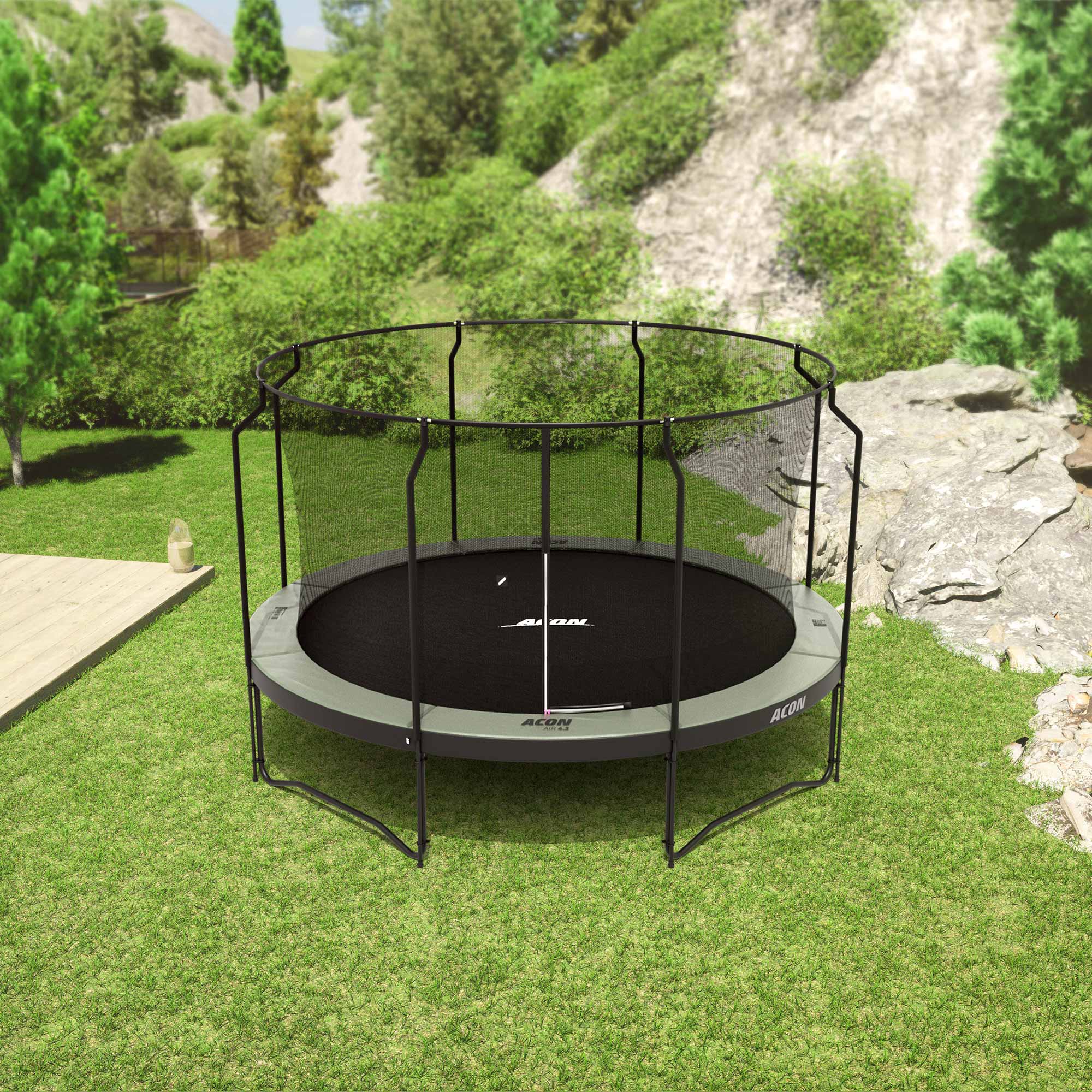 ACON Air 4,3m Trampoline with Premium Enclosure in the backyard.